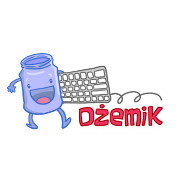 logo konkursu dżemik: robocik w kształcie słoika w maseczce niosący klawiaturę komputerową, w prawym dolnym rogu wyróżniony czerwonym kolorem napis DŻEMIK