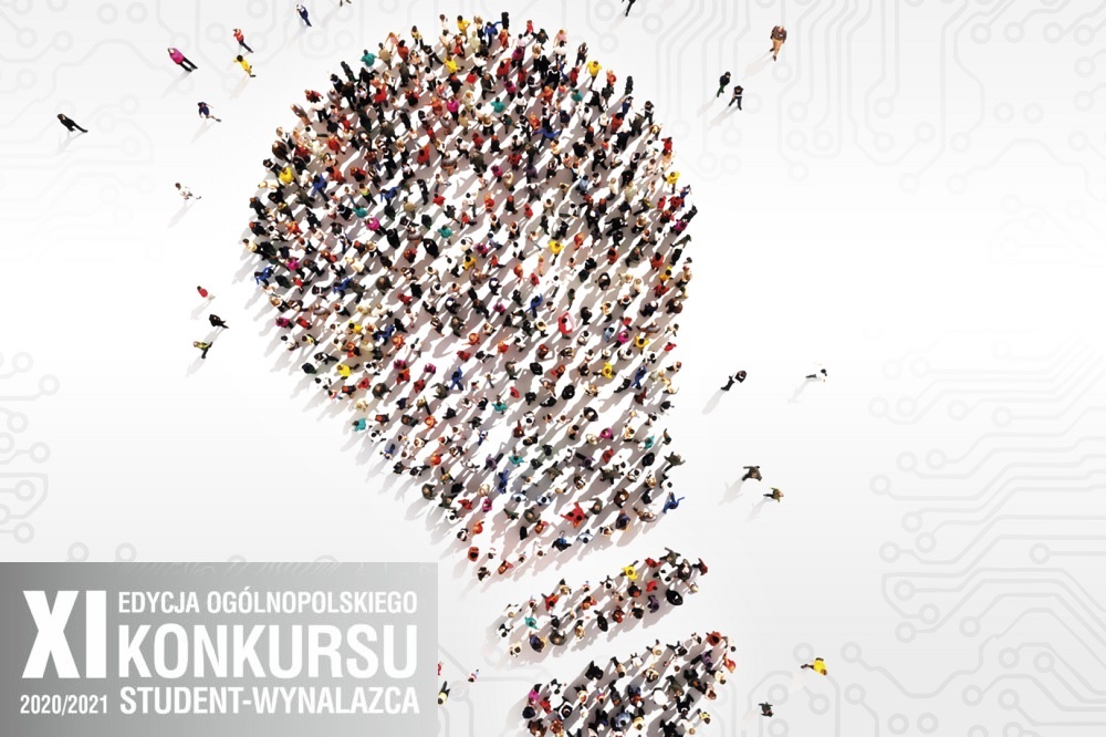 Na grafice sylwetka żarówki utworzona przez wiele postaci ludzkich sfotografowane z góry. Napis: XI Edycja Ogólnopolskiego Konkursu Student-Wynalazca 2020/2021