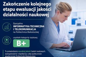 Kobieta w białym fartuchu pracuje przy laptopie